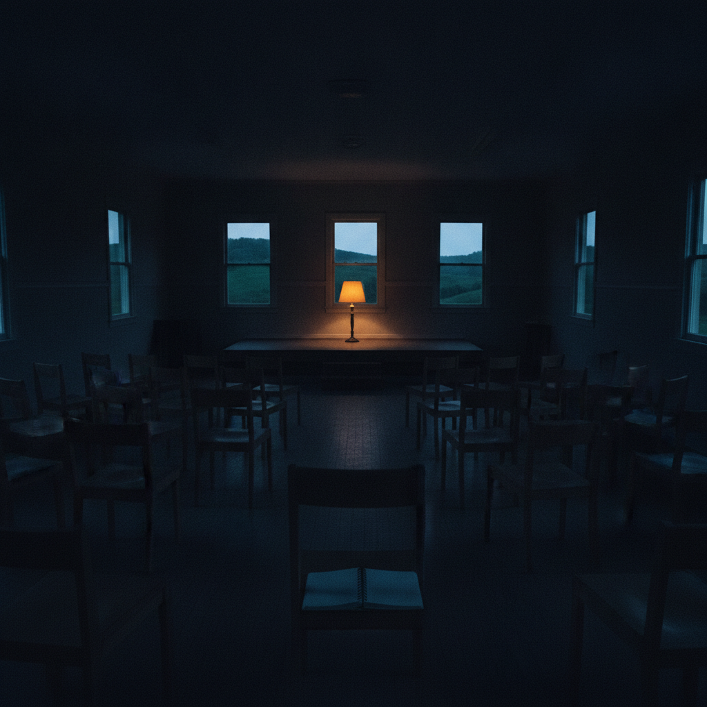 Leerer Saal in der blauen Stunde mit einer warmen Lampe
